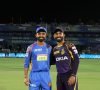 Dinesh Karthik captain of the Kolkata Knight Riders and Ajinkya Rahane captain of the Rajasthan Royals during match fifteen of the Vivo Indian Premier League 2018 (IPL 2018) between the Rajasthan Royals and the Kolkata Knight Riders held at the The Sawai Mansingh Stadium in Jaipur on the 18th April 2018.