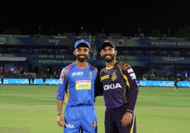 Dinesh Karthik captain of the Kolkata Knight Riders and Ajinkya Rahane captain of the Rajasthan Royals during match fifteen of the Vivo Indian Premier League 2018 (IPL 2018) between the Rajasthan Royals and the Kolkata Knight Riders held at the The Sawai Mansingh Stadium in Jaipur on the 18th April 2018.